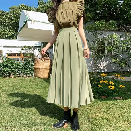 复古绿色百褶半身裙女春夏新款高腰遮胯休闲百搭a字西装中长裙子图片