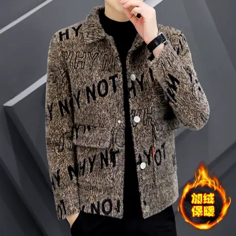 高端外套貂绒短款大衣男士潮牌加绒加厚工装夹克冬季保暖男装衣服商品大图