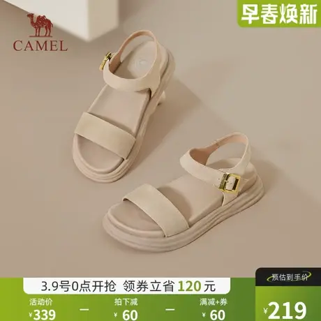 骆驼女鞋2024夏季新款平底一字带凉鞋时尚厚底真皮厚底休闲凉鞋女图片