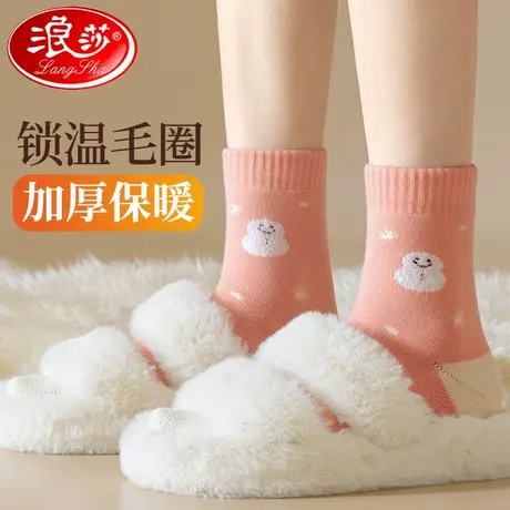 浪莎厚袜子女秋冬季加绒纯棉100%全棉冬天加厚款女士毛巾毛圈长袜商品大图