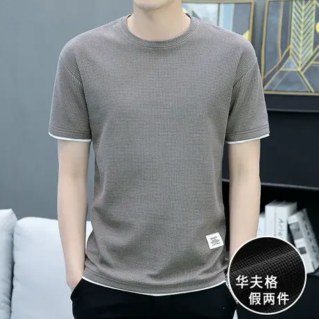重磅华夫格t恤男士短袖夏季冰丝透气半袖男体恤潮牌宽松冰感衣服商品大图