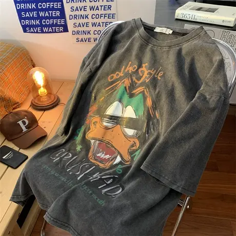 夏季圆领短袖T恤男潮牌卡通趣味印花休闲百搭打底衫港风薄款体恤图片