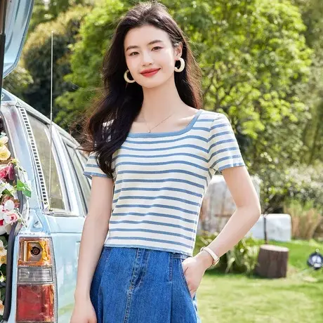 时尚气质方领短袖针织衫2023年夏季新款淑女修身薄款显瘦通勤上衣商品大图