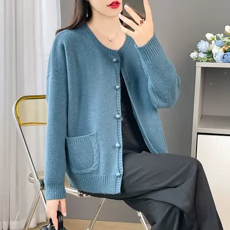 小香风气质名媛百搭圆领针织短款外套女春秋新款毛衣开衫外搭显瘦图片