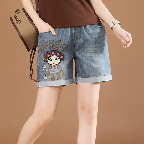 韩潮袭人松紧伦刺绣直筒阔腿牛仔短裤女2023夏季新款休闲显瘦热裤商品大图