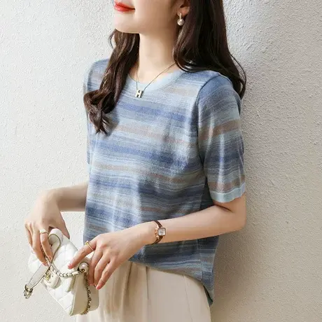 夏装女士短袖t恤2023年韩版新款半袖针织上衣条纹圆领T恤薄款内搭图片