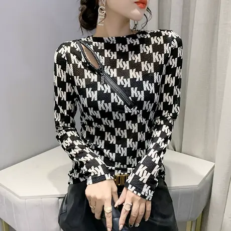 2023春秋新款性感镂空拉链T恤时尚印花上衣修身百搭打底衫女长袖商品大图