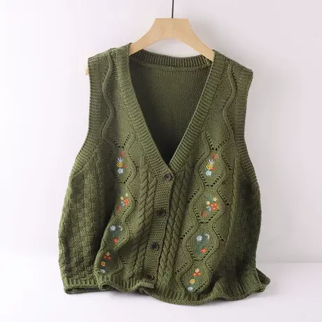 刺绣花朵女士针织马甲背心女春秋短款清新复古上衣设计感潮流单品商品大图