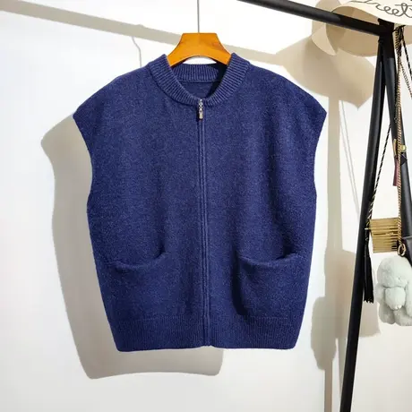 拉链针织马甲开衫女士春秋新款韩版宽松口袋无袖毛衣背心马夹外套商品大图