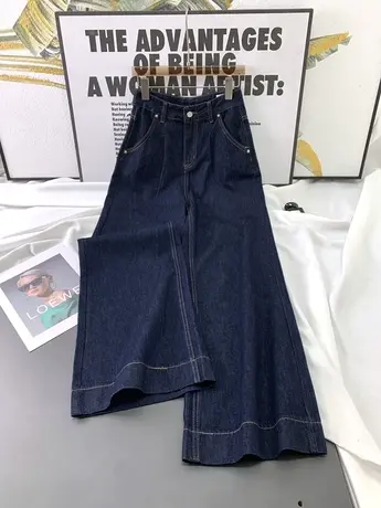 韩版深蓝宽松牛仔阔腿裤2023秋季新款遮跨百搭高腰直筒长裤男友裤商品大图