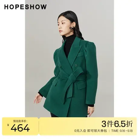 红袖outlets双排扣短款大衣hopeshow2022冬季系带翻领双面呢外套图片
