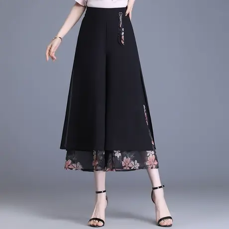 雪纺印花裙裤女夏薄款高腰宽松阔腿裤2023新款大码开叉休闲八分裤图片