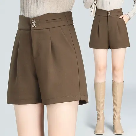 时髦西装短裤女秋季褶皱双扣花苞腰阔腿裤外穿热裤小个子潮流靴裤商品大图