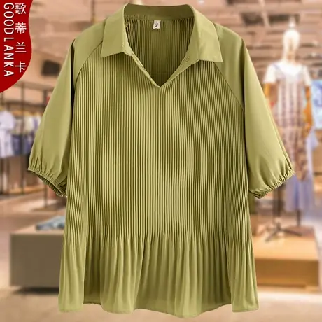 大码中年胖妈妈夏季雪纺衫T恤女宽松洋气减龄遮肚褶皱五分袖上衣商品大图