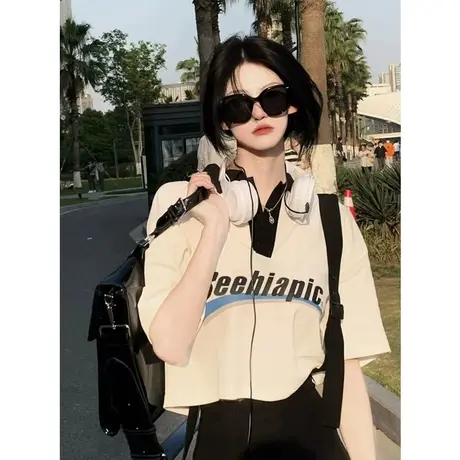 美式复古纯棉正肩polo衫短袖t恤女夏季宽松设计感小众短款上衣服商品大图