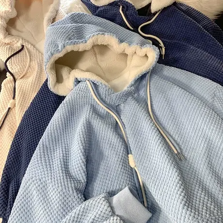 华夫格卫衣女秋冬小个子宽松韩版bf慵懒风加绒加厚连帽外套潮ins商品大图
