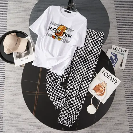 纯棉运动服套装女夏季宽松短袖长裤小个子时尚休闲网红炸街两件套商品大图