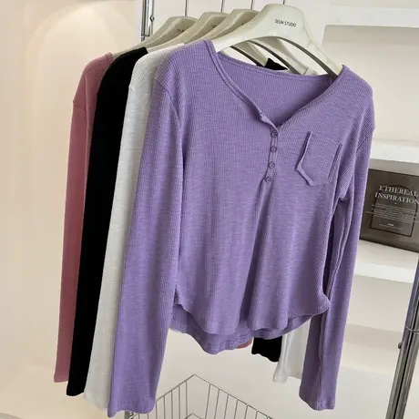 2023新款长袖T恤女秋装百搭修身显瘦韩版打底衫学生V领上衣服潮图片