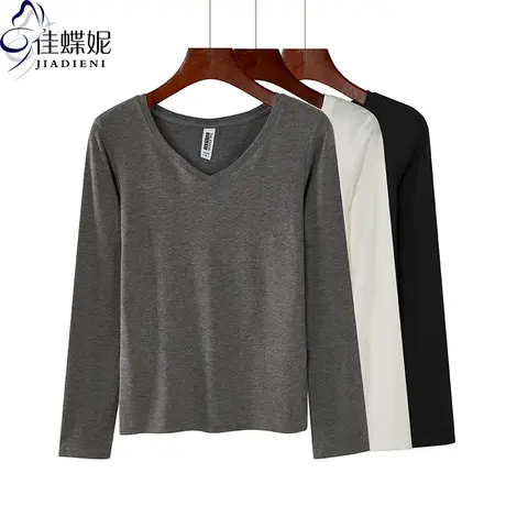 春秋季新款V领修身长袖韩版纯棉纯色简约T恤打底衫休闲女装商品大图