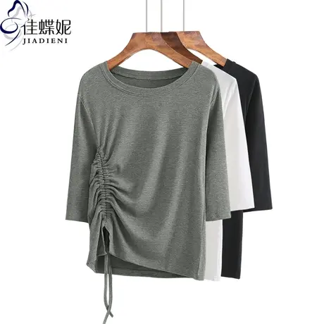 春秋新款圆领纯白修身显瘦抽绳上衣中袖体恤打底内搭女装半袖T恤商品大图