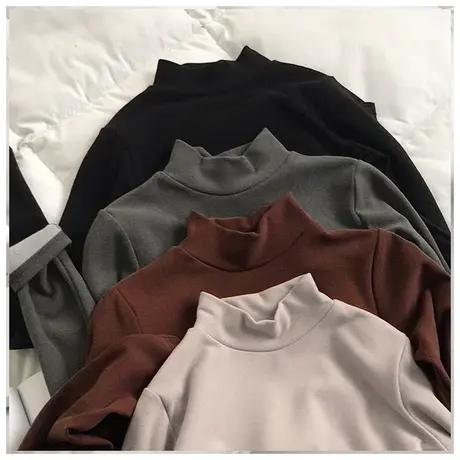 双面德绒半高领发热打底衫女内搭秋冬季洋气白色加绒加厚长袖保暖商品大图