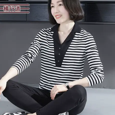 翻领拼接条纹宽松长袖T恤女装2023新款冬装韩版大码妈妈棉质上衣商品大图