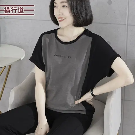 简约休闲圆领拼色印花宽松短袖T恤2023夏季新款妈妈装外穿上衣服商品大图