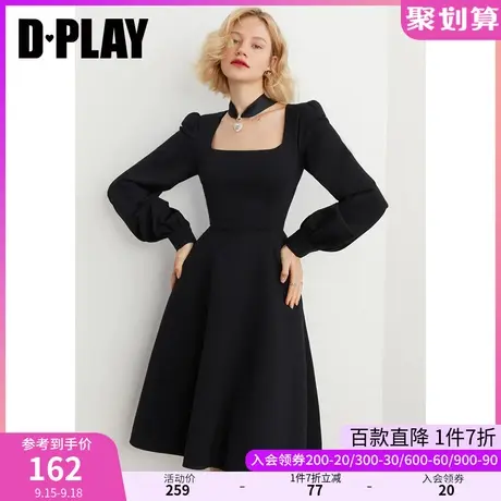 DPLAY秋装新复古方领黑色通勤风高腰连衣裙优雅赫本风大摆裙图片