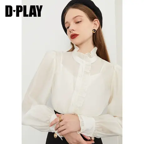 DPLAY夏季新款温柔少女风立领木耳边装饰泡泡长袖小衫图片