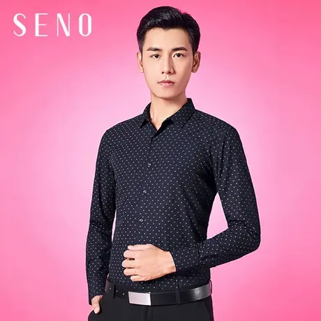 Seno波点印花长袖衬衫男韩版潮流帅气青年修身职业商务休闲男衬衣商品大图