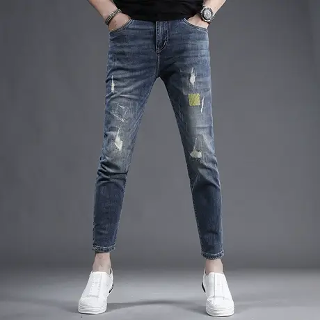 夏季薄款九分牛仔裤男修身小脚破洞补丁深蓝色痞帅男生裤子9分裤商品大图