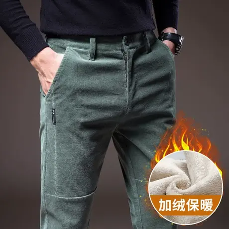 秋冬季直筒灯芯绒男裤休闲裤男士加绒加厚条绒外穿棉裤羊羔绒裤子商品大图