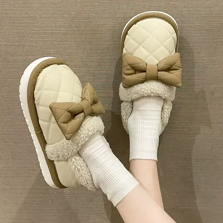 加绒棉拖鞋女冬季可爱蝴蝶结防水厚底保暖室内家居包跟可外穿棉鞋商品大图
