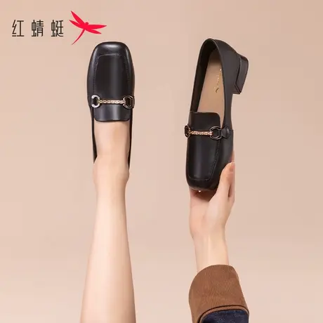 红蜻蜓低跟单鞋女春冬2023年新款豆豆鞋平底黑色工作鞋真皮小皮鞋图片
