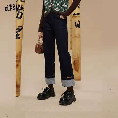 妖精的口袋深蓝色直筒牛仔裤女2022秋新款宽松小个子高腰显瘦长裤商品大图