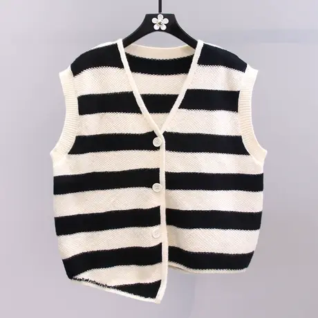 小香风条纹单排扣针织马甲女秋冬2023新款宽松外搭无袖毛衣开衫图片