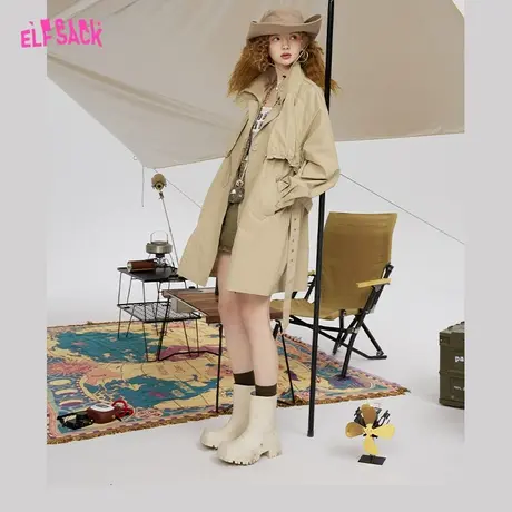 妖精的口袋卡其色风衣外套女2023春秋新款工装设计感休闲中长款潮图片