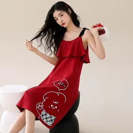 猫人7A抑菌纯棉吊带睡衣女款本命年红色睡裙结婚女士家居服可外穿图片