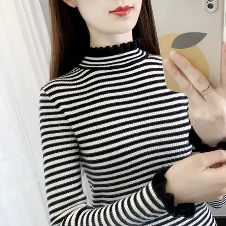 半高领毛衣女打底衫秋冬款黑白条纹上衣长袖内搭修身荷叶边针织衫图片