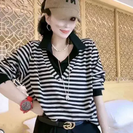 欧货时尚假两件卫衣2023秋季新款设计感上衣T恤条纹宽松女长袖潮商品大图