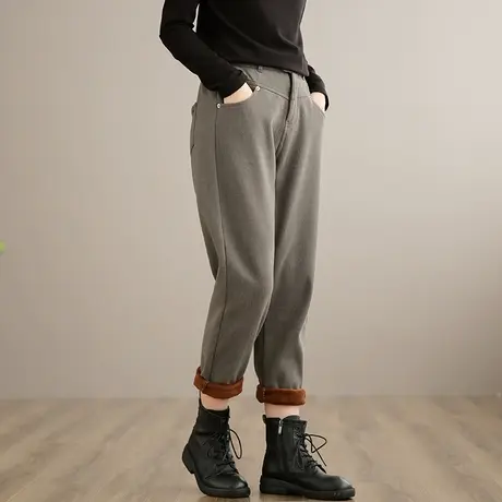 dza 文艺复古工装休闲裤女士加绒裤子高腰显瘦新款冬季加厚休闲裤图片