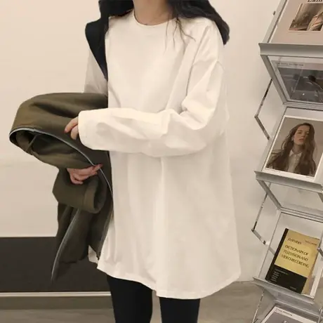 白色打底衫女春秋冬季叠穿卫衣内搭加绒长袖T恤女宽松中长款上衣商品大图