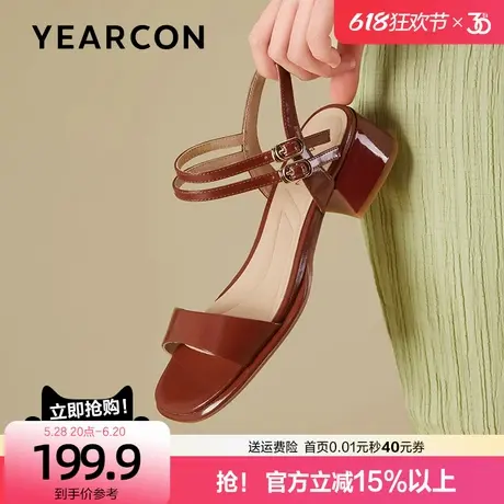 意尔康凉鞋女2025新款夏中高跟双搭扣粗跟露趾潮流通勤复古时装鞋图片