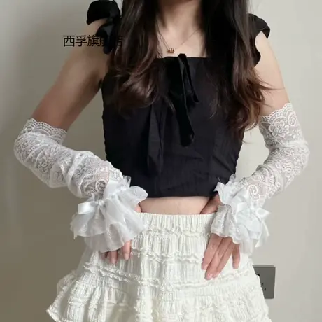 少女花边蕾丝蝴蝶结手套ins潮夏季防晒镂空纯色y2k亚文化甜美袖套商品大图