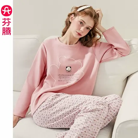 芬腾长袖睡衣女士春秋款纯棉圆领套装女款可爱休闲大码全棉家居服商品大图