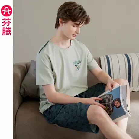 芬腾男士睡衣夏季薄款短袖圆领套装青年凉感大码可外穿男款家居服商品大图