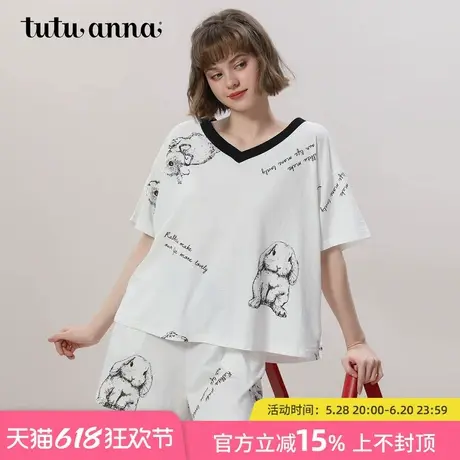 tutuanna春夏睡衣女 black简笔兔子满印透气短袖短裤家居服套装女图片