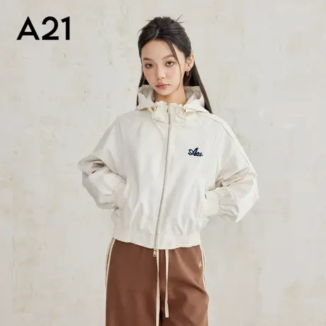A21女装梭织宽松连帽插肩开襟夹克外套风衣短款运动图片