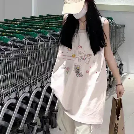 纯棉港风吊带运动背心无袖t恤女夏外穿高级感宽松篮球服挂脖上衣图片