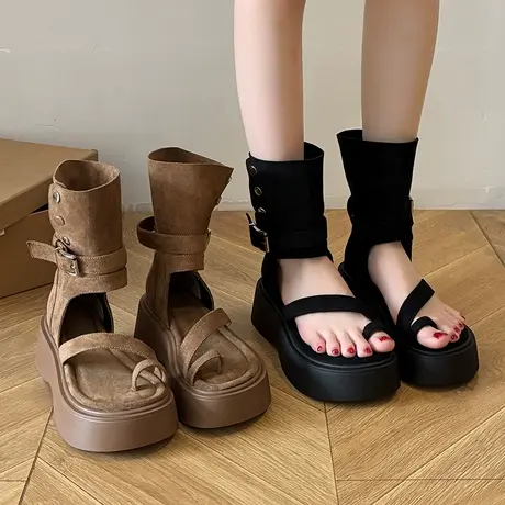 厚底凉鞋女款夏季2025新款复古女鞋配裙子高级感夹趾短筒罗马凉靴图片